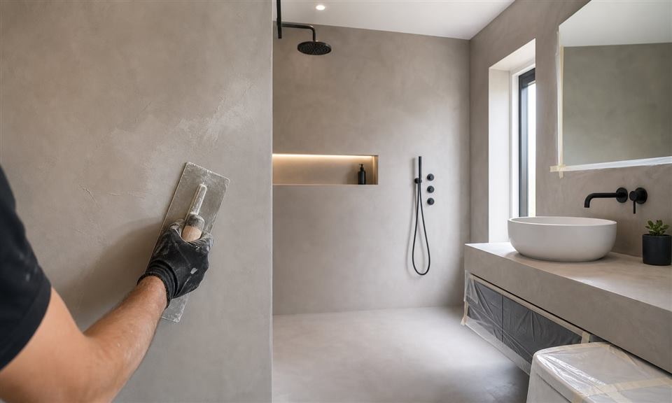 Moderne badkamer met microcement en stukadoorswerk