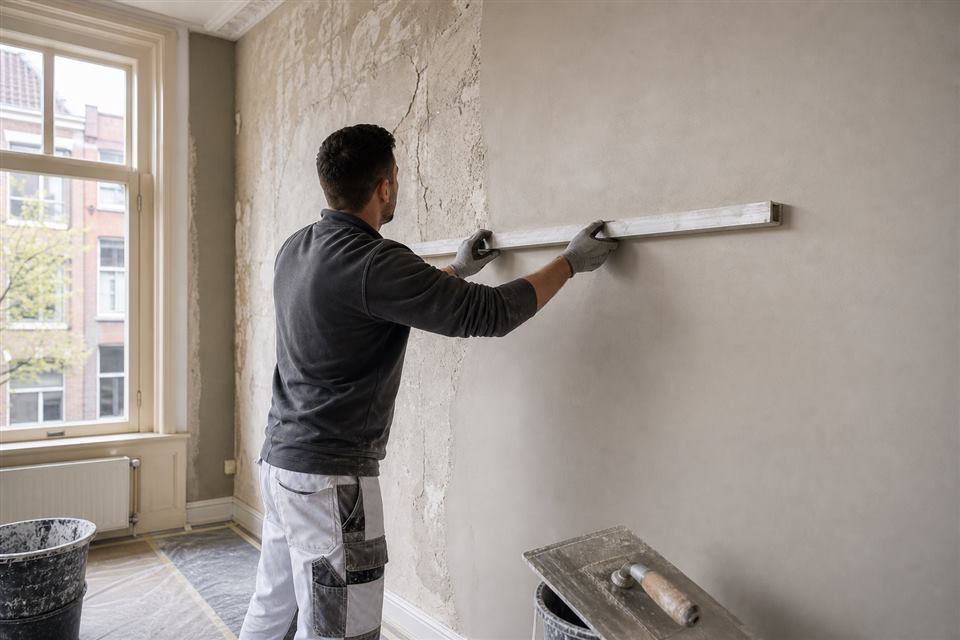 Stukadoor egaliseert een oude wand behangklaar