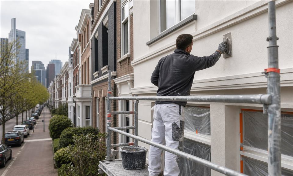 Gevelstucwerk aan een woning in Rotterdam