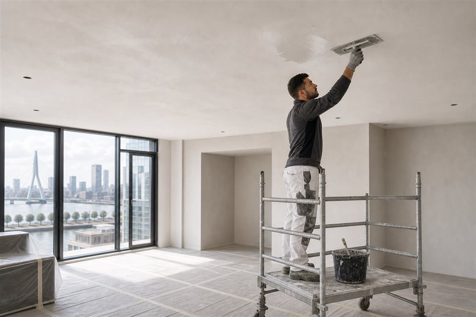 Stukadoor werkt aan een plafond
