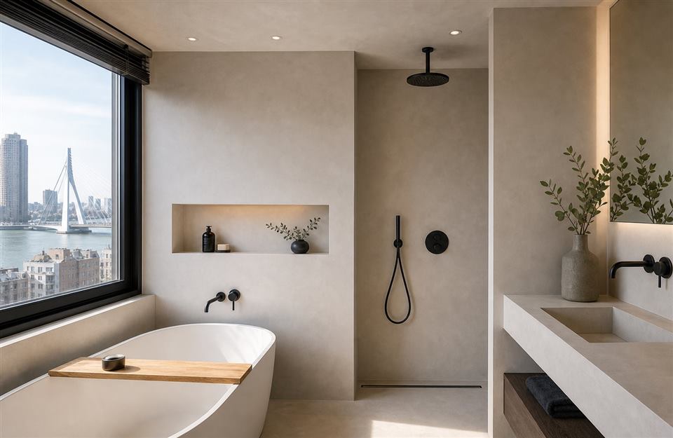 Afgewerkte badkamer met naadloze minerale wandafwerking