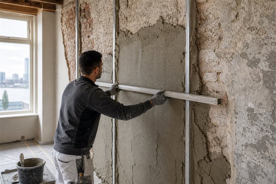 Stukadoor voert raapwerk uit op een scheve wand